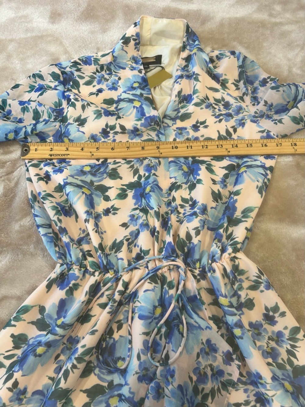 Alexa Admor Floral Mini Dress Blue Blush Elastic Waist Sheer Sleeve Womens sz 2 - Picture 7 of 13